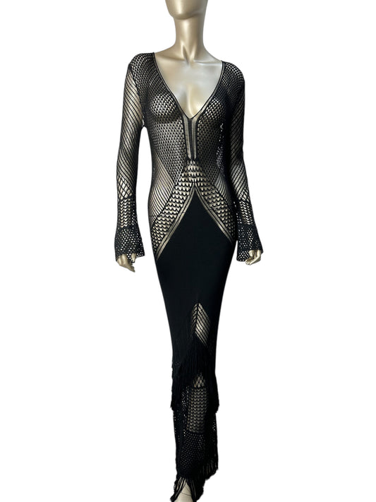 Dress with lace-knit design and sheer inserts