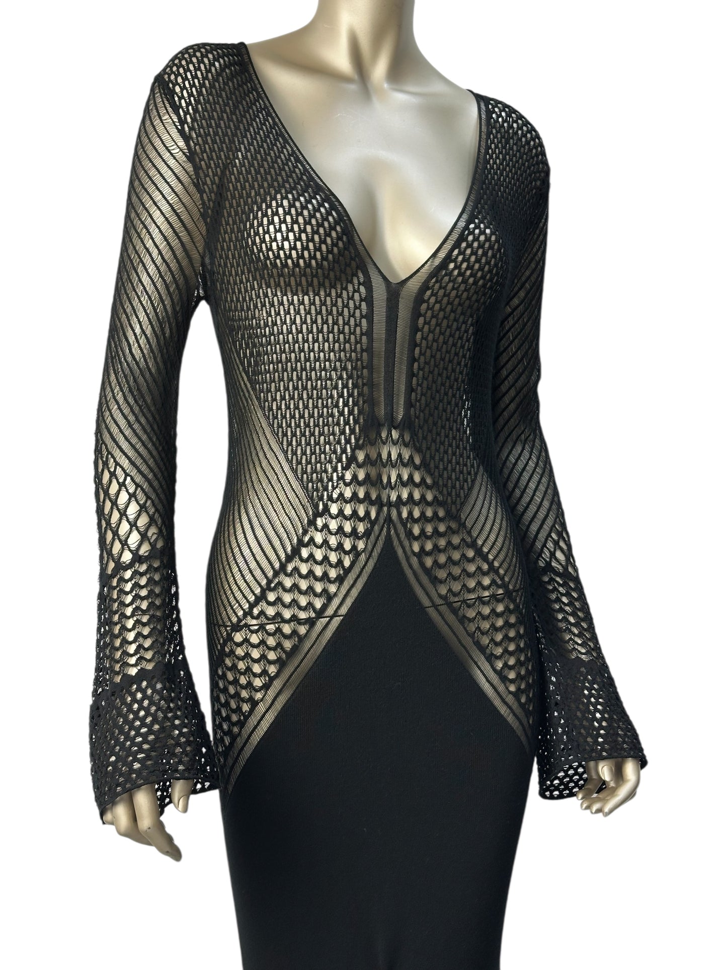 Dress with lace-knit design and sheer inserts