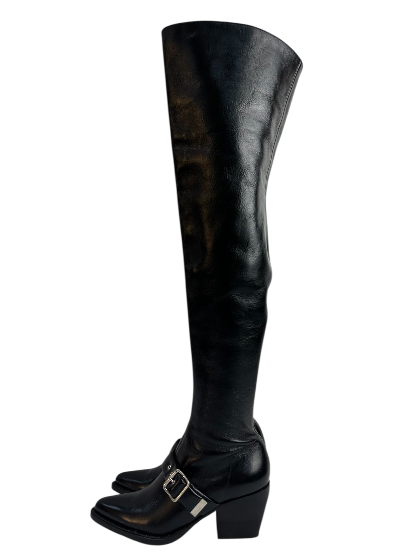 Leather over-the-knee boots with buckle and block heel