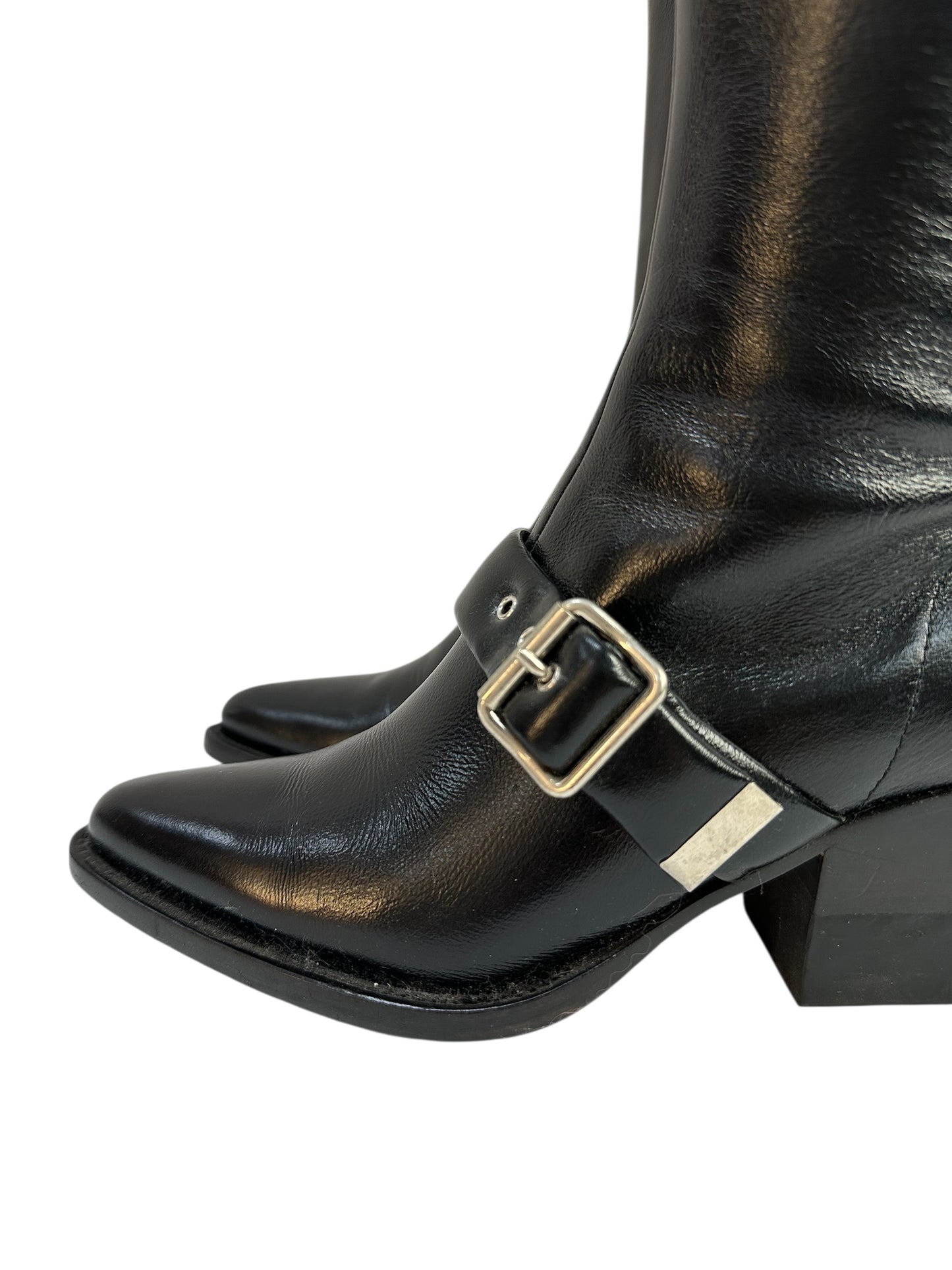 Leather over-the-knee boots with buckle and block heel