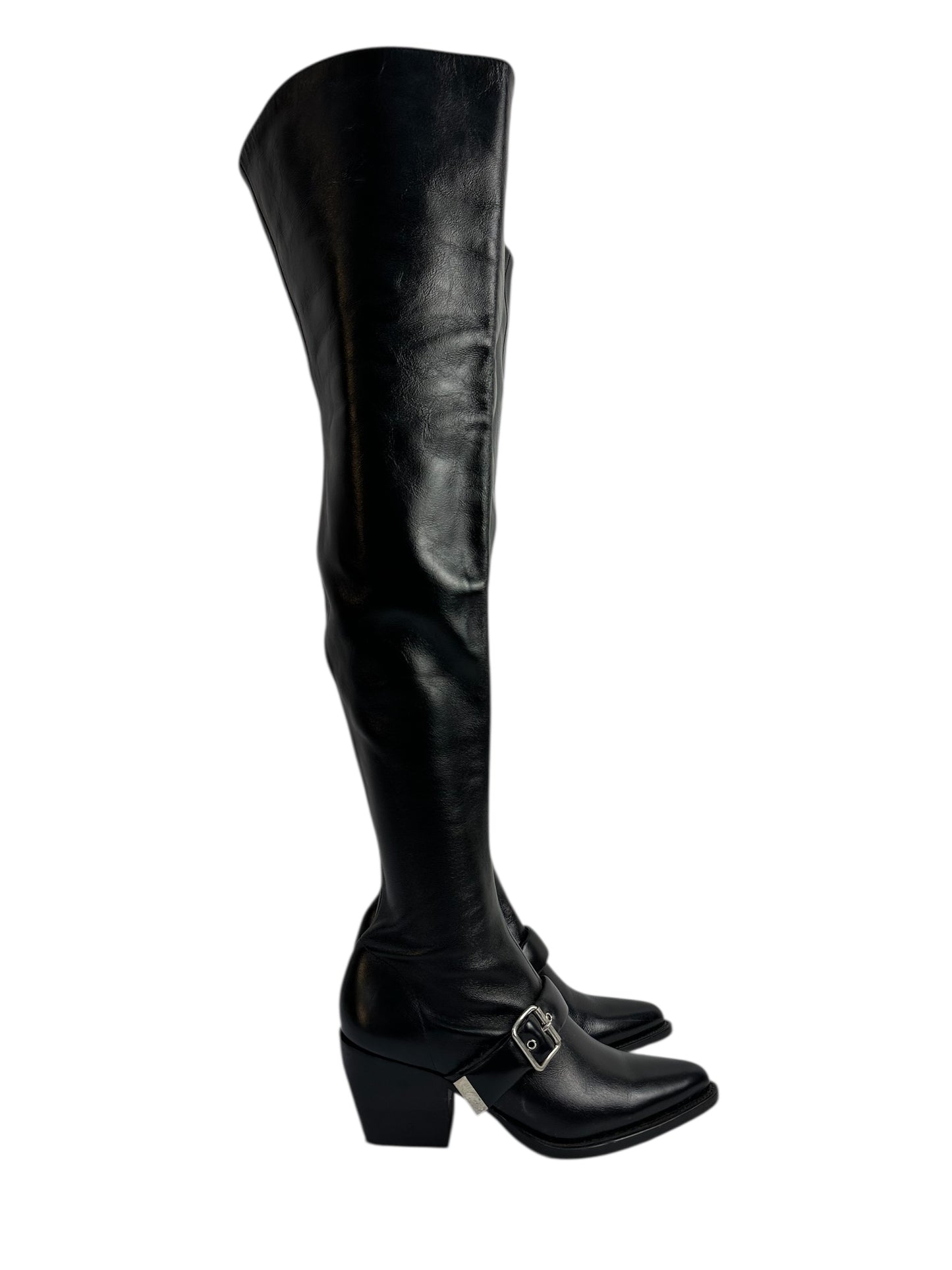 Leather over-the-knee boots with buckle and block heel