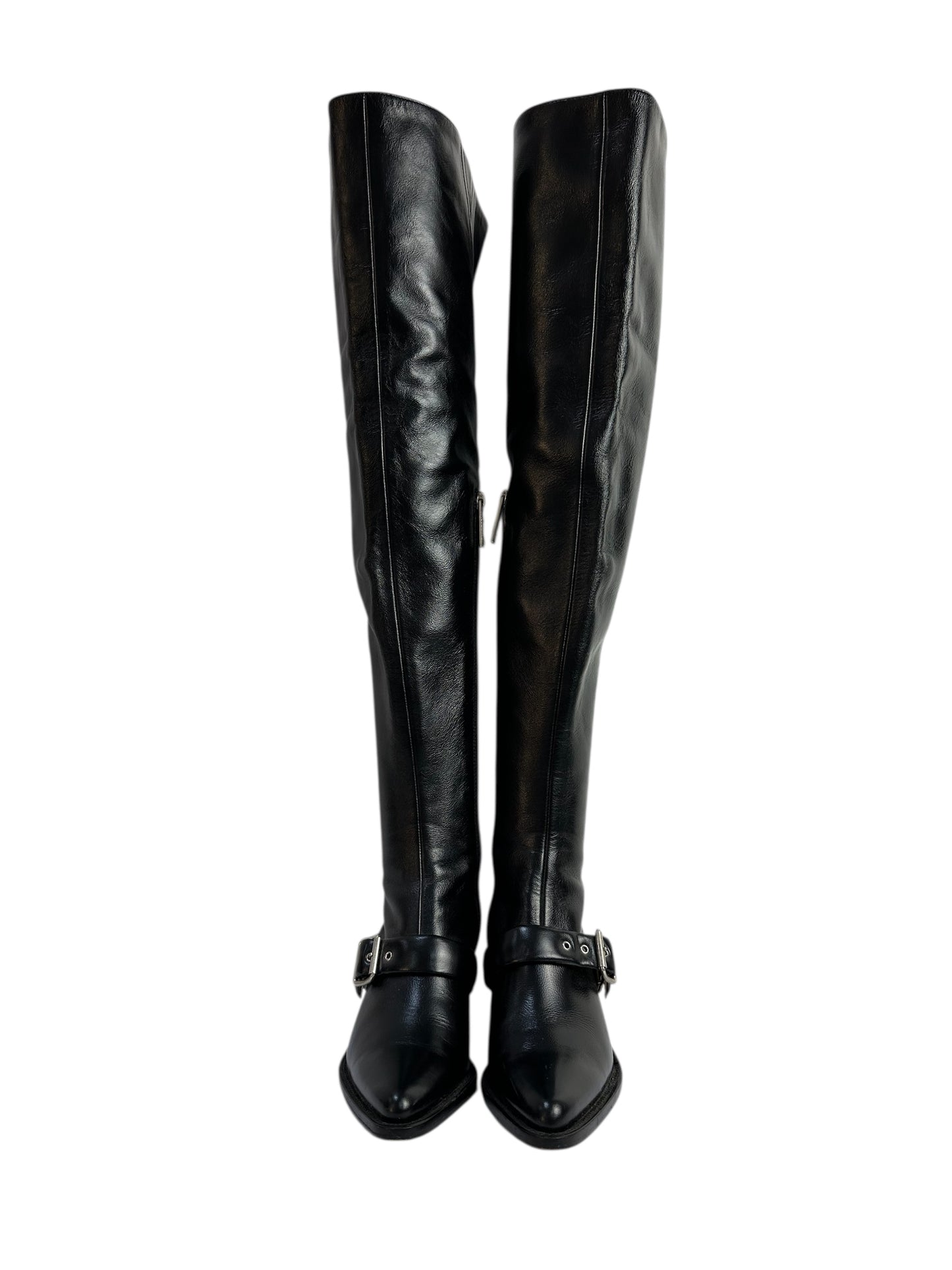 Leather over-the-knee boots with buckle and block heel