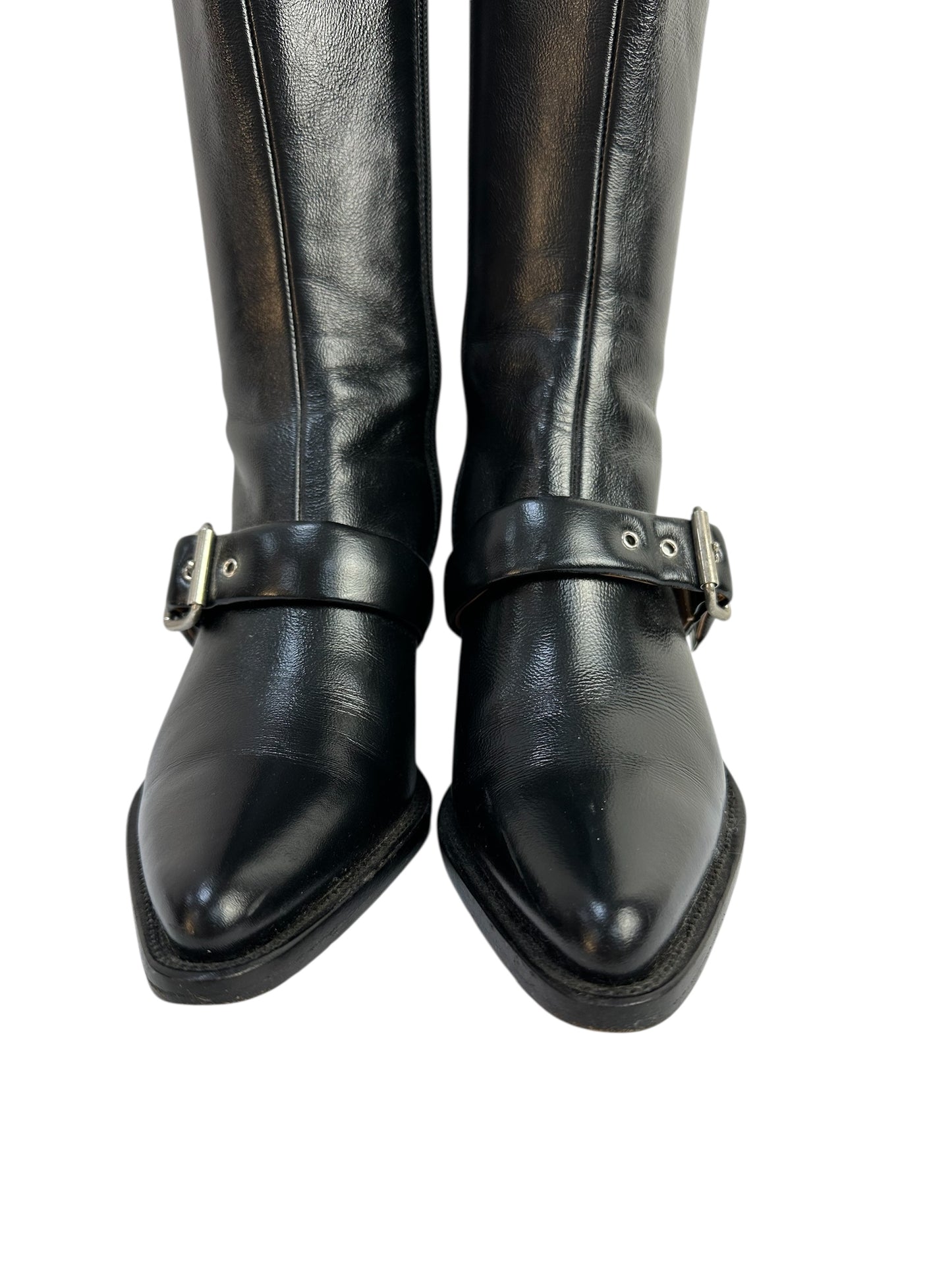 Leather over-the-knee boots with buckle and block heel