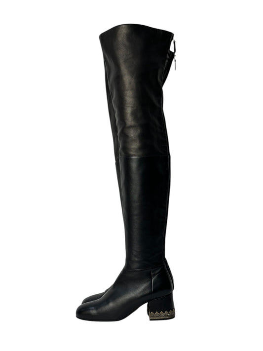 Chanel black leather knee-high boots with low heel