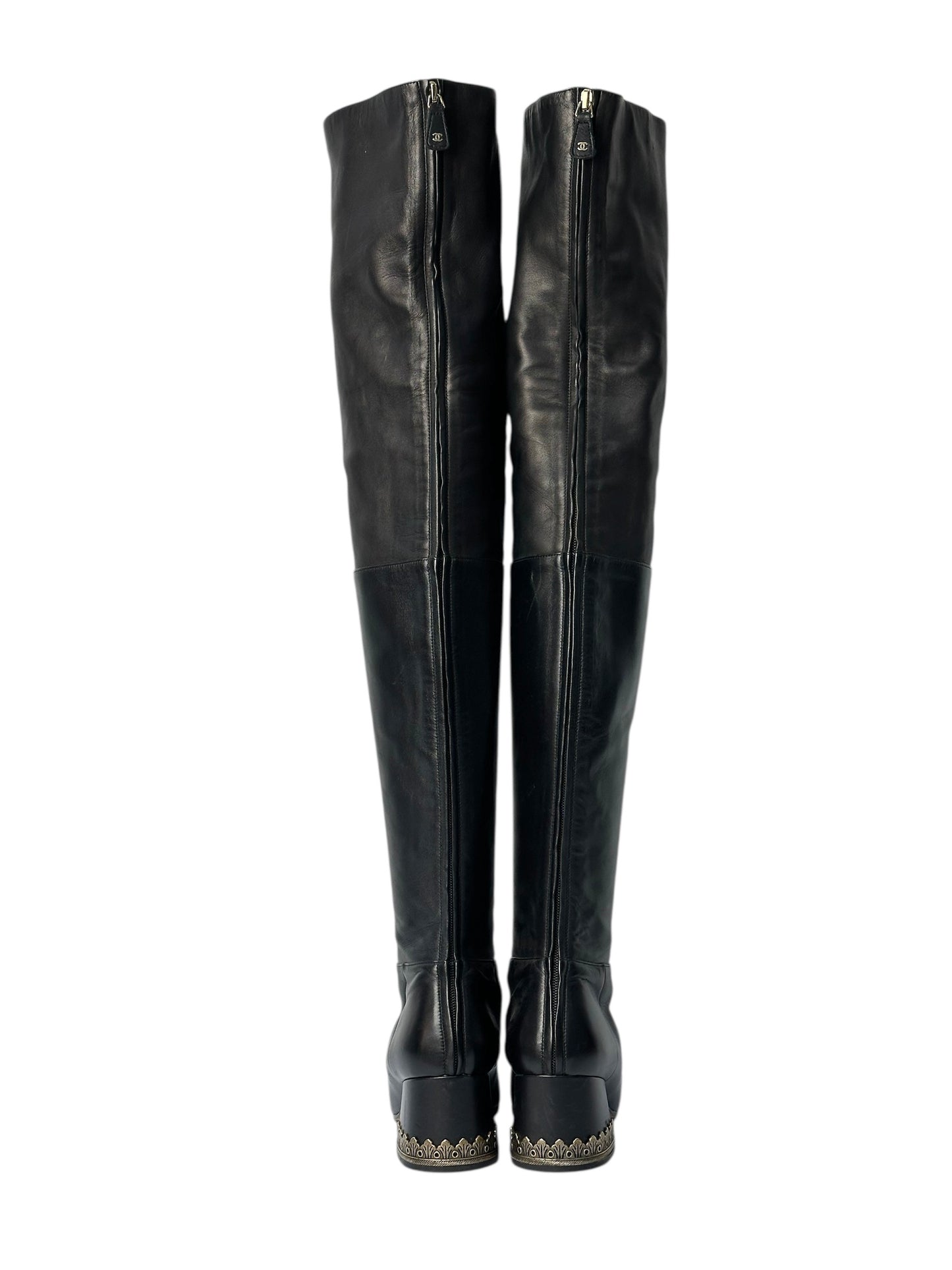 Chanel black leather knee-high boots with low heel
