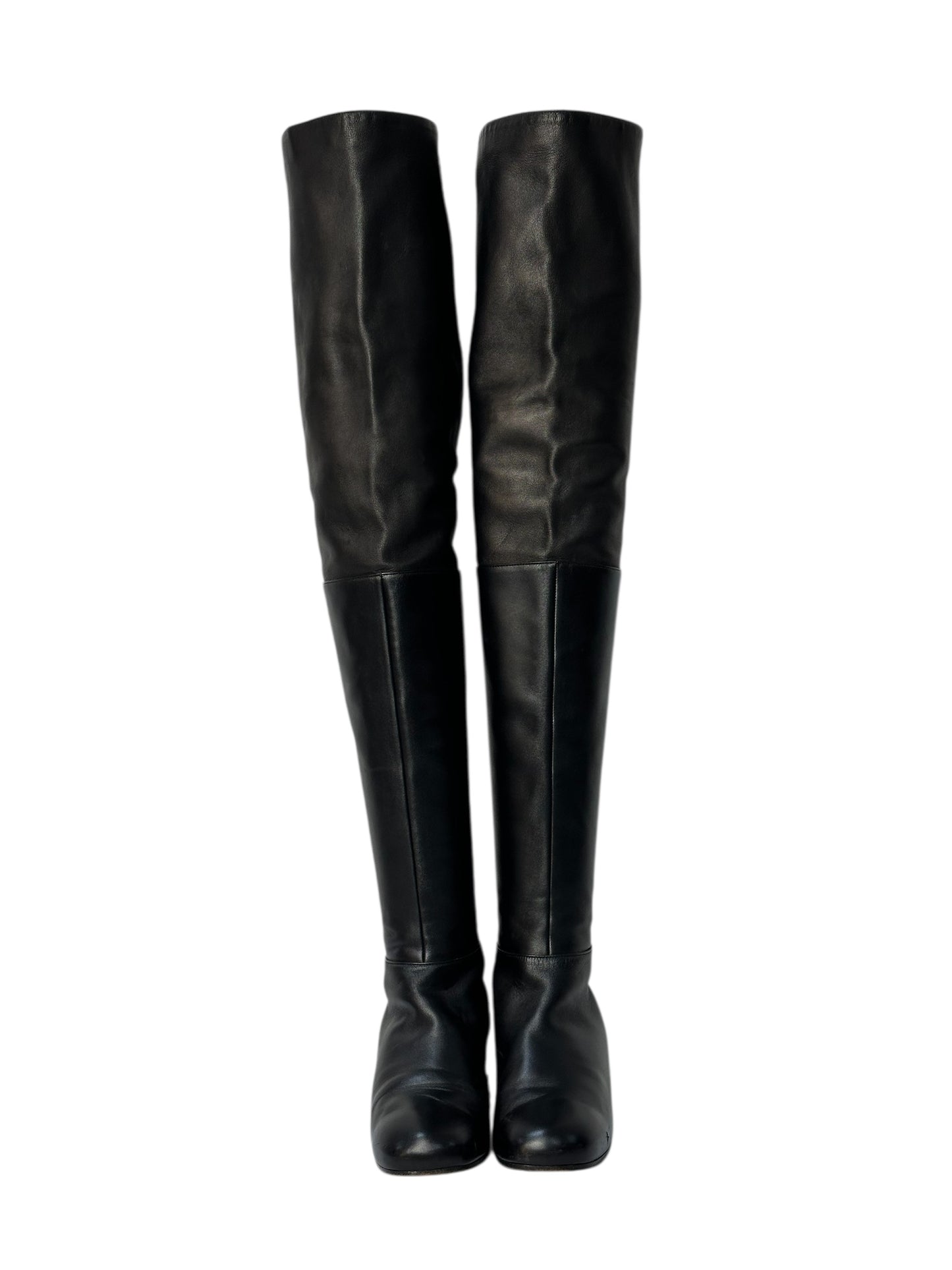 Chanel black leather knee-high boots with low heel