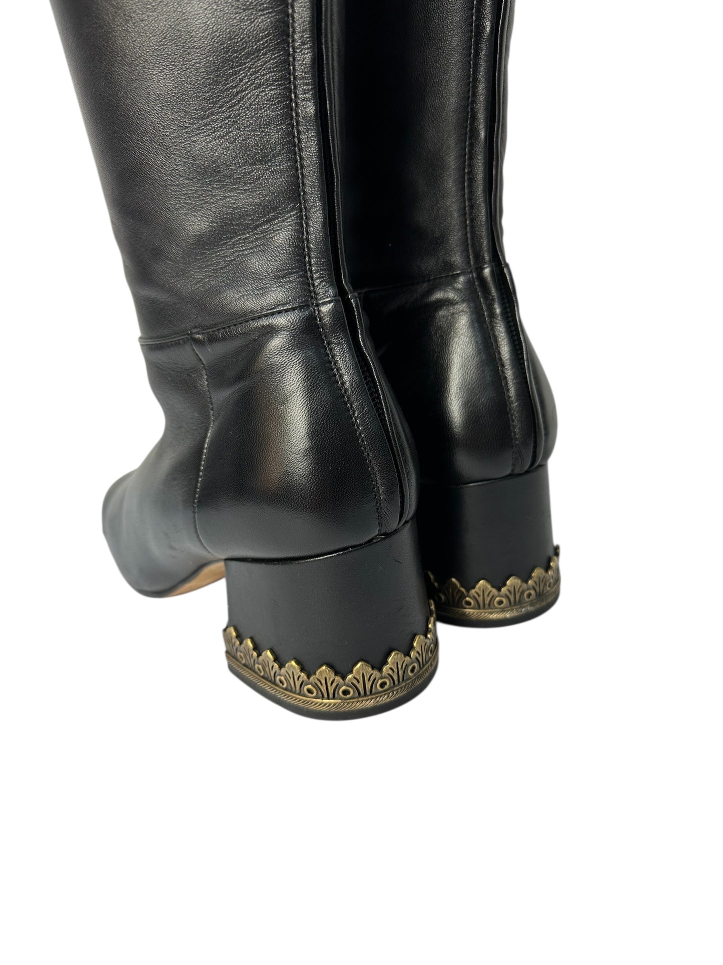 Chanel black leather knee-high boots with low heel