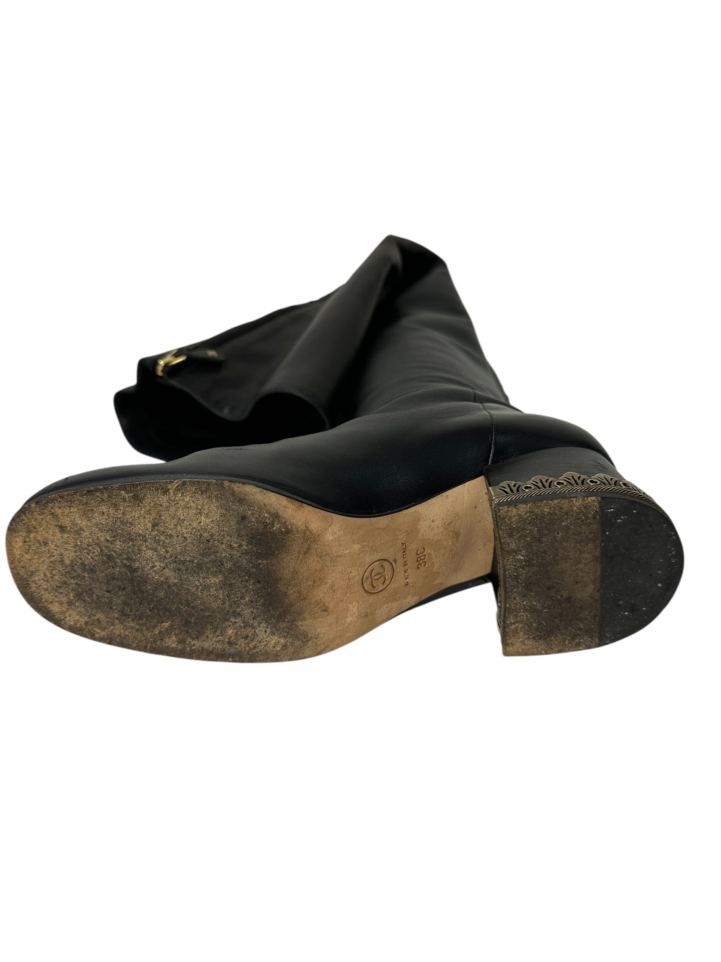 Chanel black leather knee-high boots with low heel