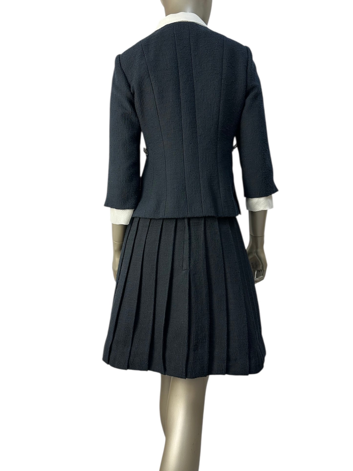 Chanel navy pleated set with silk inserts