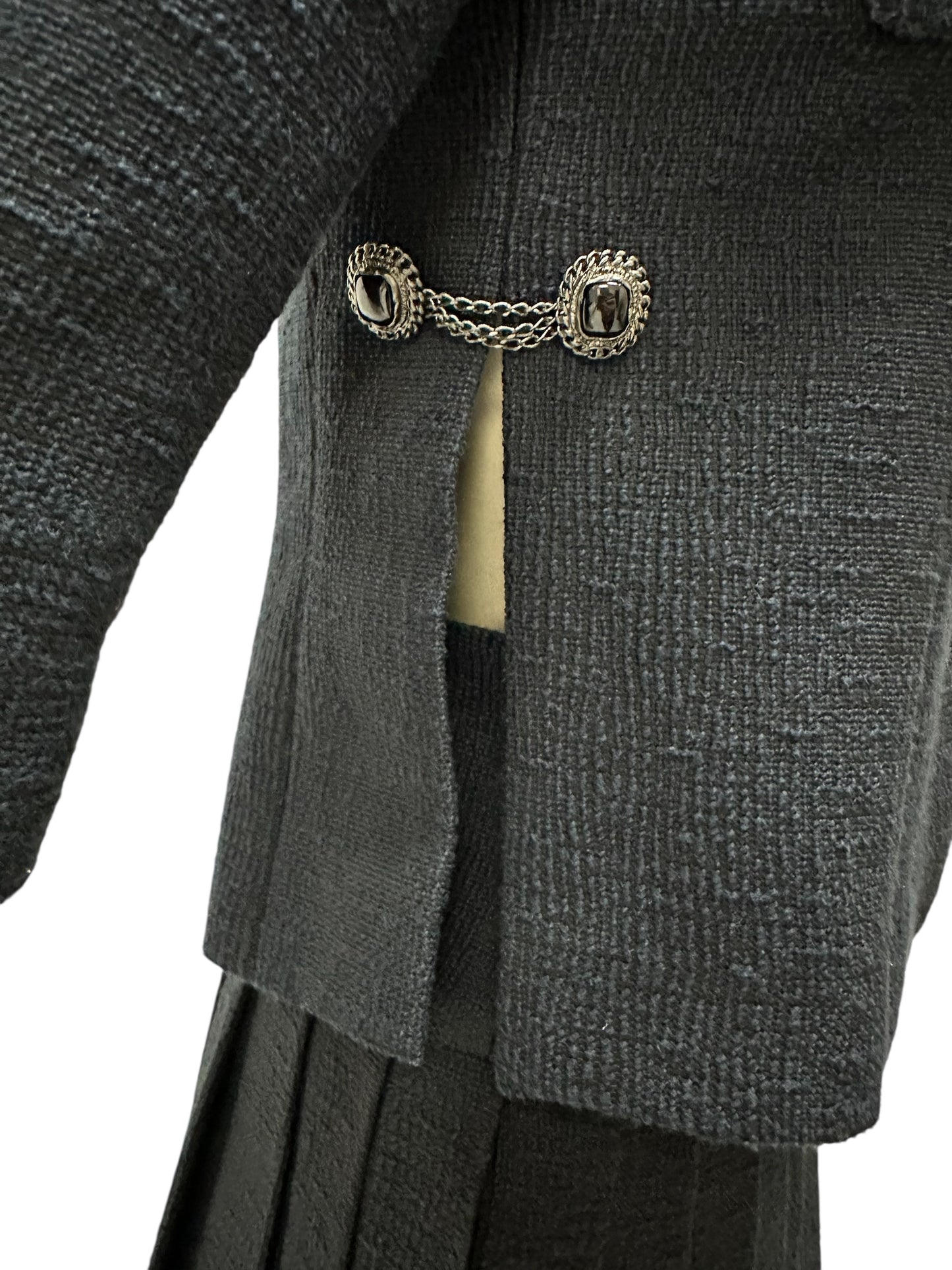 Chanel navy pleated set with silk inserts