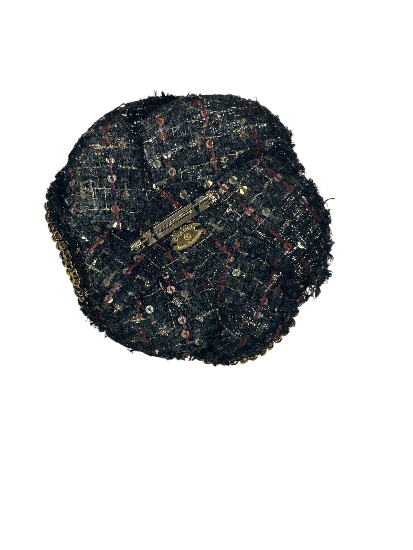 Chanel tweed camellia with sequins