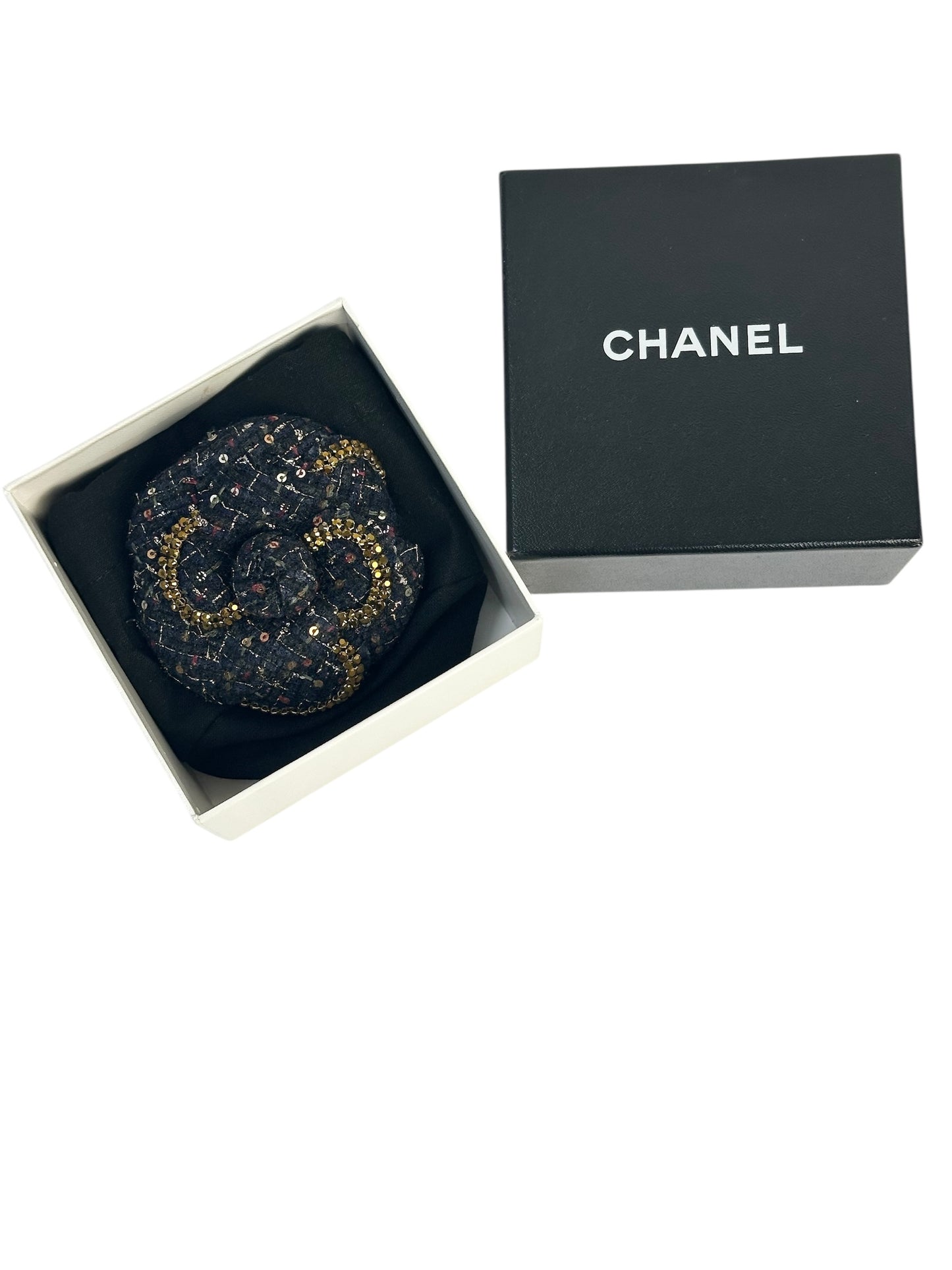 Chanel tweed camellia with sequins