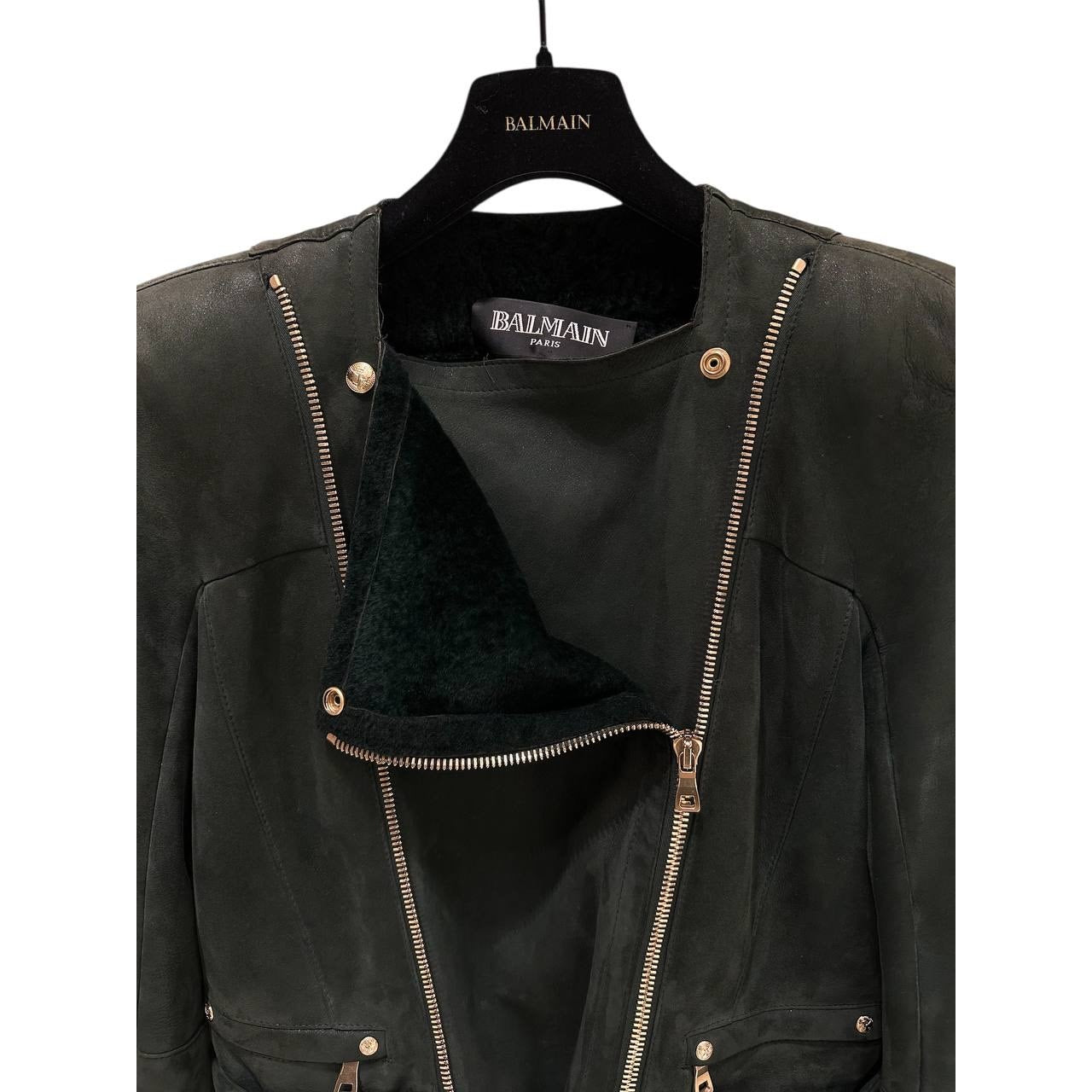 Balmain Green Shearling Biker Jacket - Size 38 Pre-owned