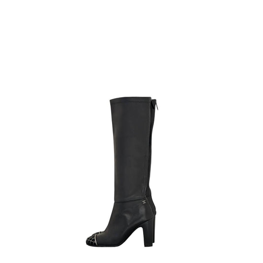 Chanel Black Leather Cap Toe Knee-High Boots Sz.38,5 Pre-owned