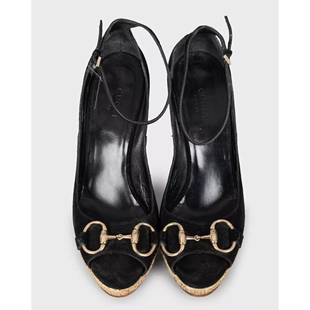 Gucci Black Suede Horsebit Wedge Sandals EU 37.5 Pre-owned