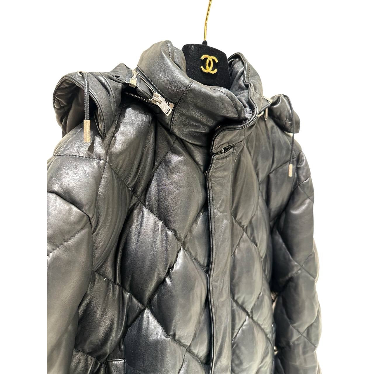 Saint Laurent Hooded Lambskin Leather Down Jacket Sz 40 pre-owned