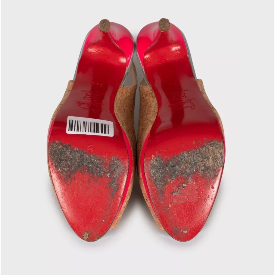Christian Louboutin Catenita Cork & Leather Heels Brown Size 38.5 Pre-owned