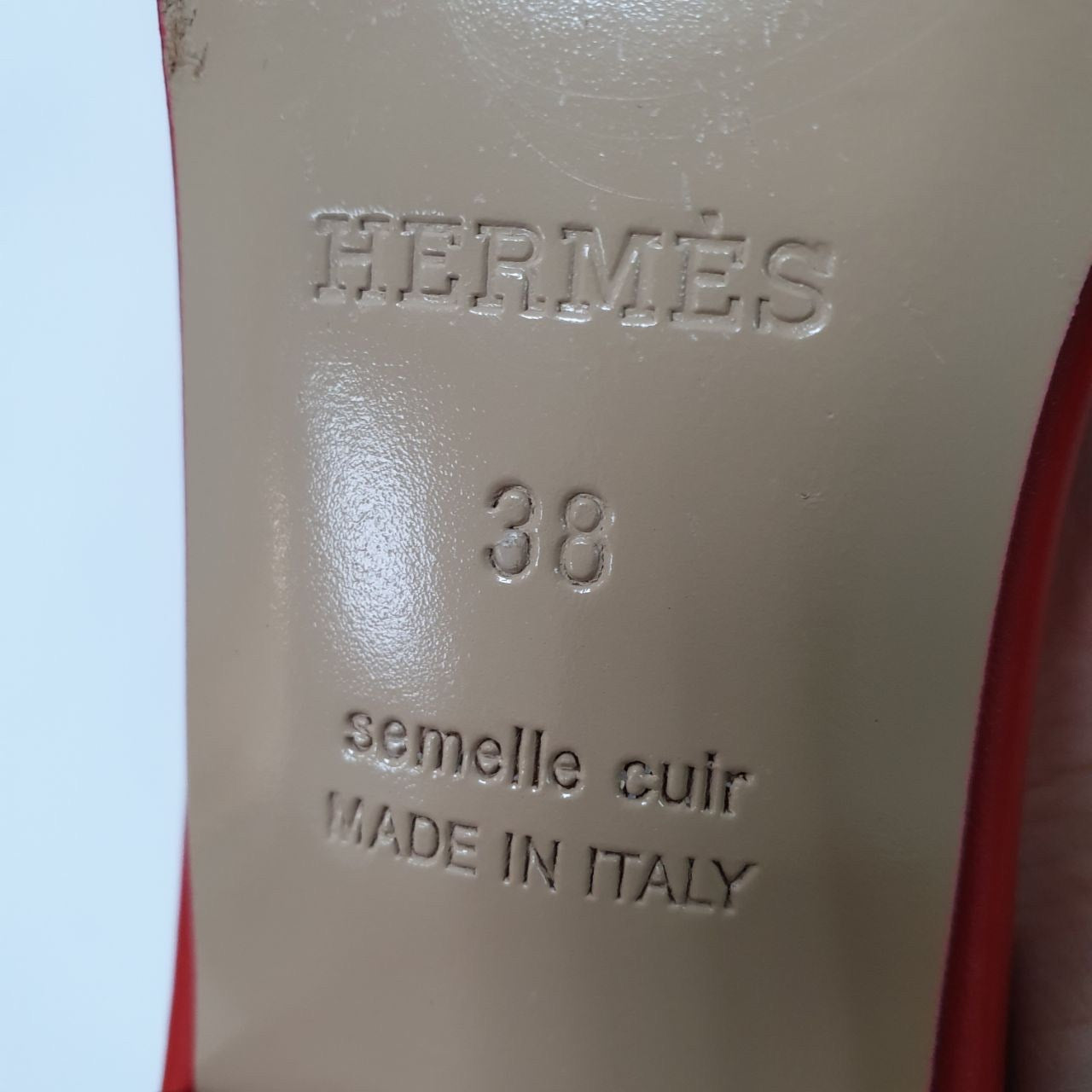 Hermes Red Leather Mona Block Heel Slide Sandals Sz.38 pre-owned