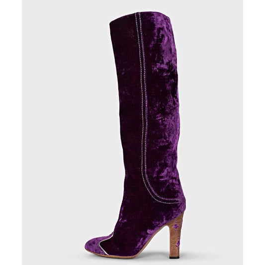 Bottega Veneta Purple Velvet Boots Block Heel Sz 37.5 Pre-owned