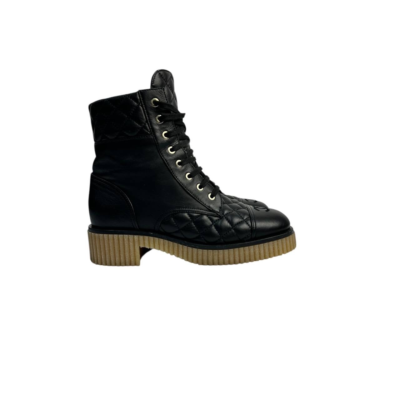 Chanel 20B Black Quilted CC Platform Combat Boots pre-owned