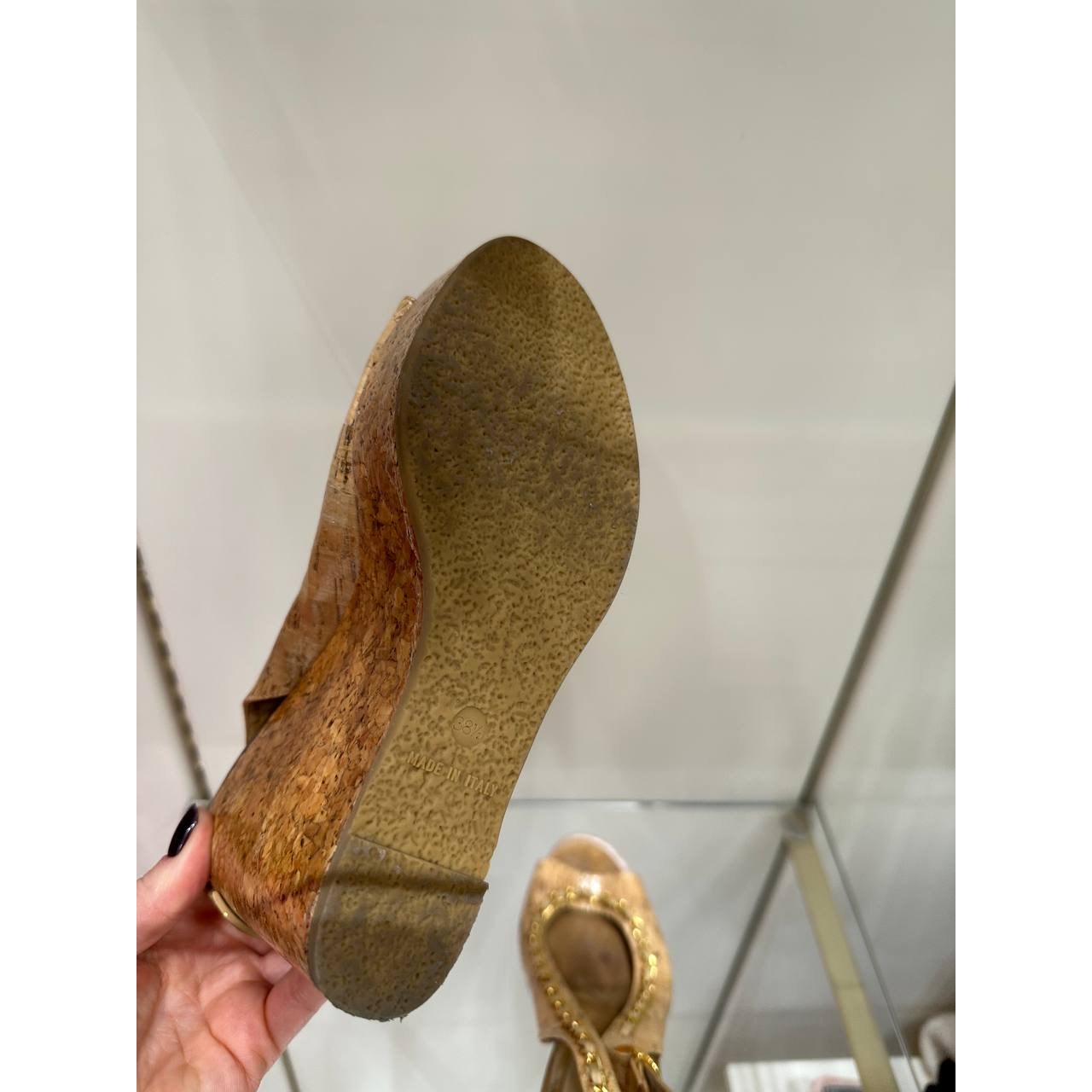 CHANEL COCO Mark Chain Black Leather Wedge Sandals 38.5 pre-owned