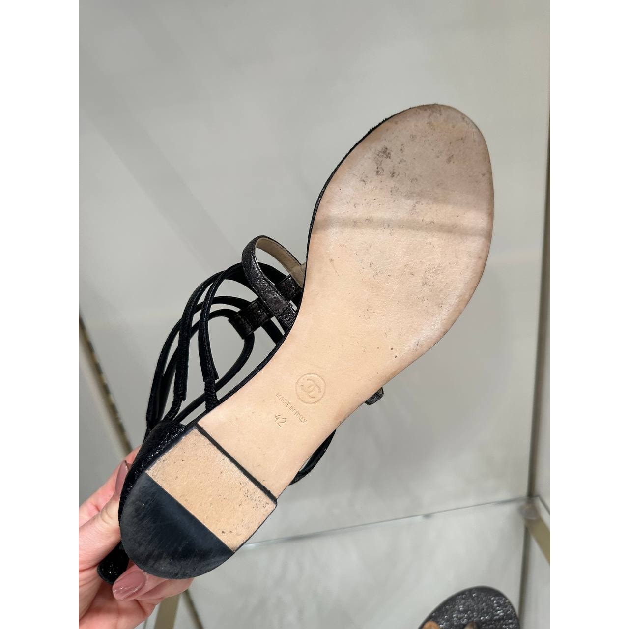 CHANEL T-Strap Metallic Gunmetal Zip Sandals Size 42 pre-owned
