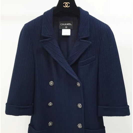 CHANEL Double Breasted Sweater Blazer Navy Blue Jacket Blazer Sz.38 Pre-owned