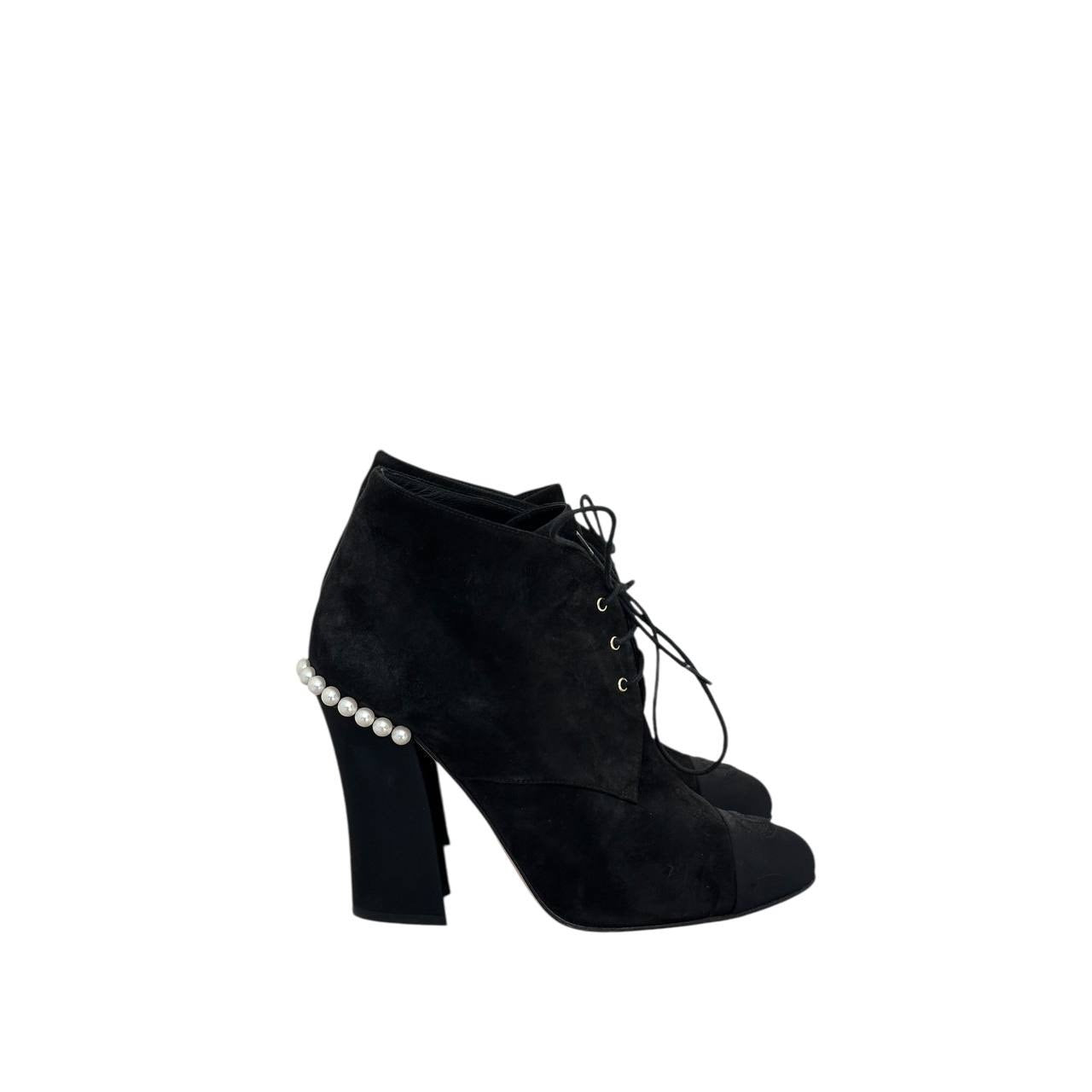 Chanel Black Suede Lace Up Pearls Booties - Size 38.5 Pre-owned