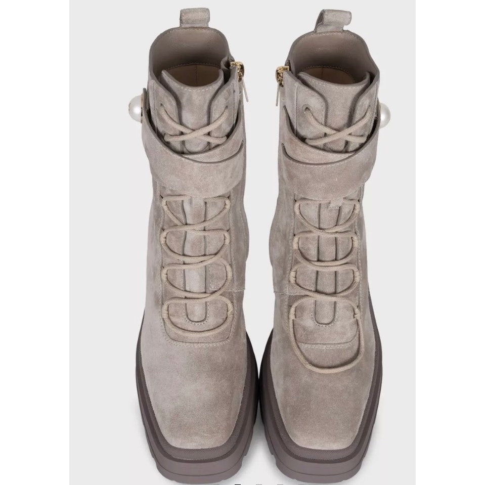 NWB Jimmy Choo Noemi Gray Suede Lace-Up Boots Gold Hardware Sz.37.5 pre-owned
