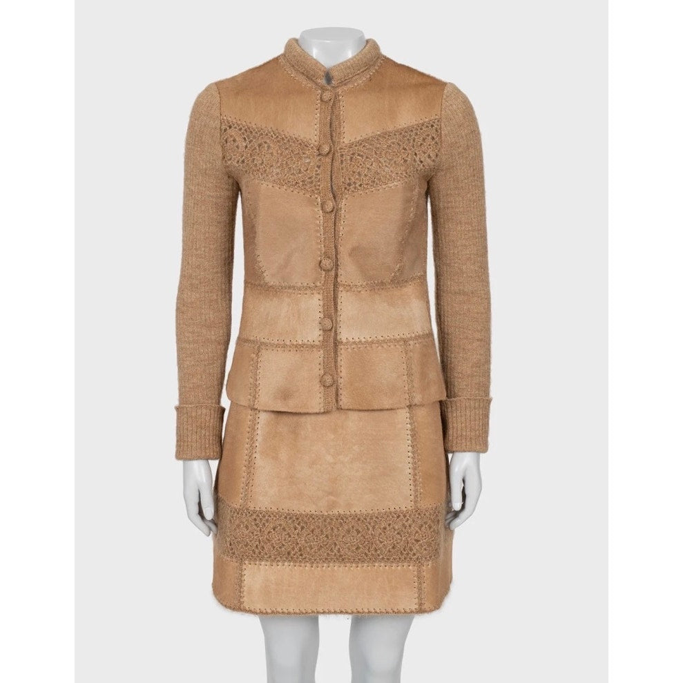 Escada Vintage Brown Suit Skirt Jacket Leather Trim S EU 36 Pre-owned