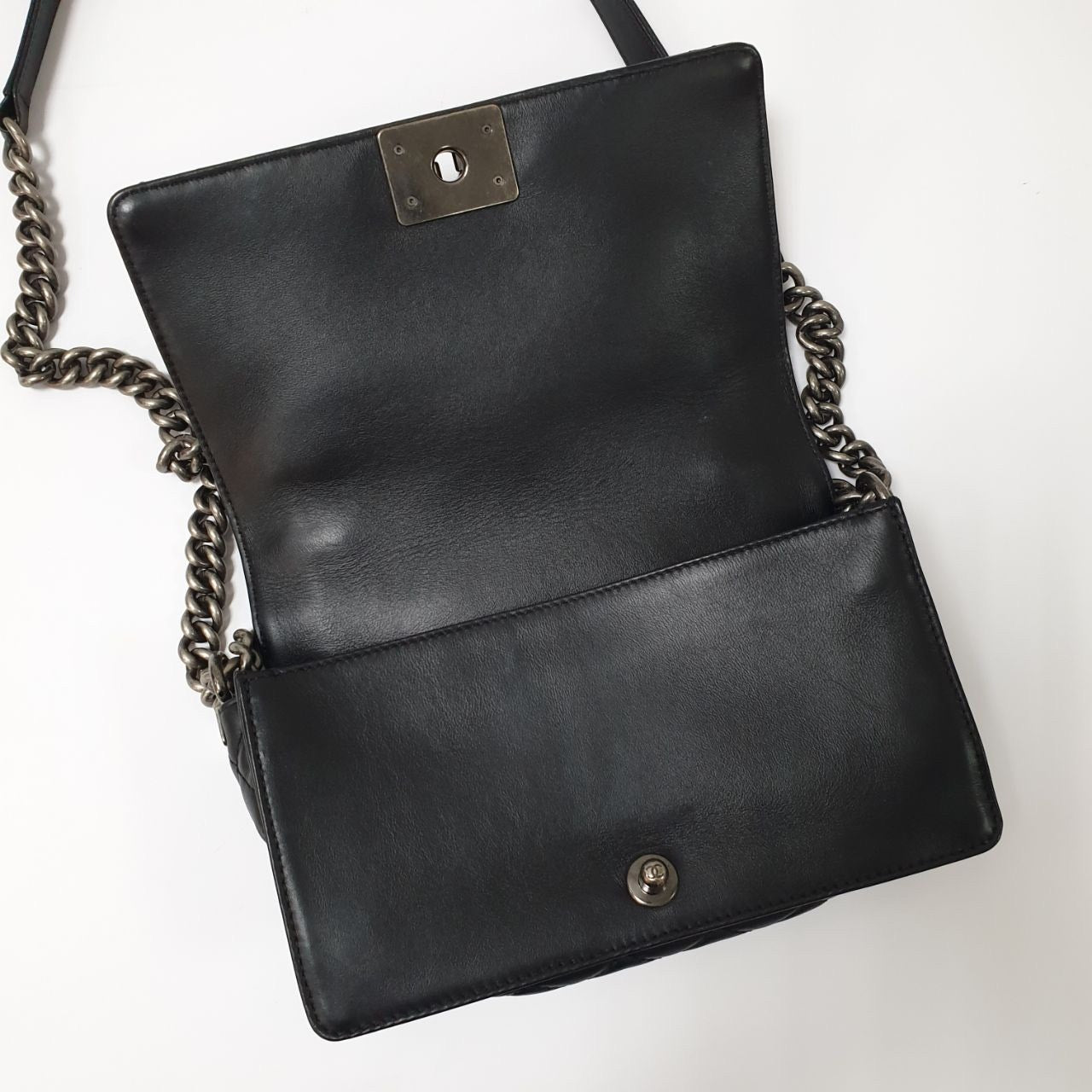 CHANEL Black Lambskin Leather Multi Chains Boy Bag pre-owned