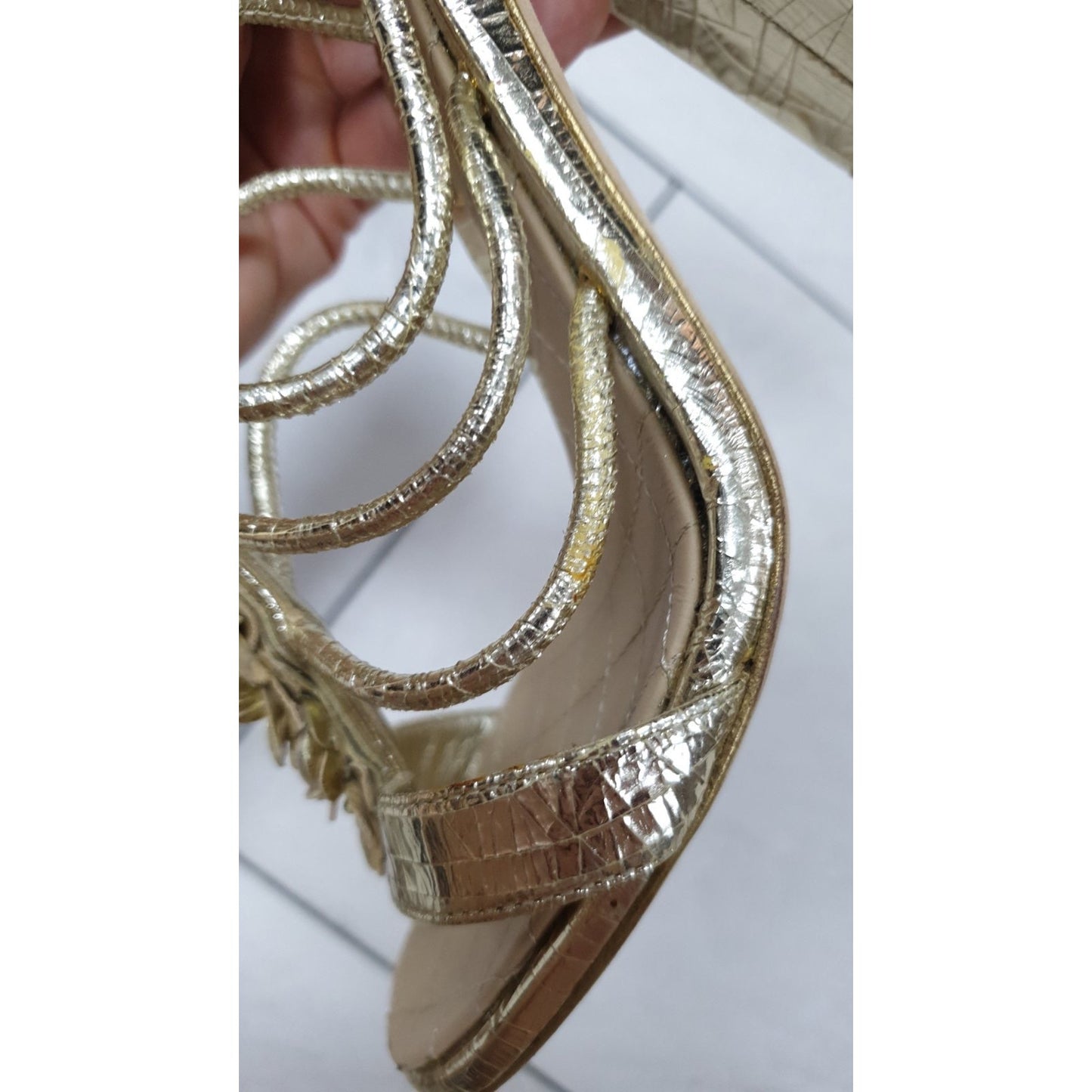 Chanel Gold Leather Camellia Ankle Strap Sandals - Size 40 pre-owned