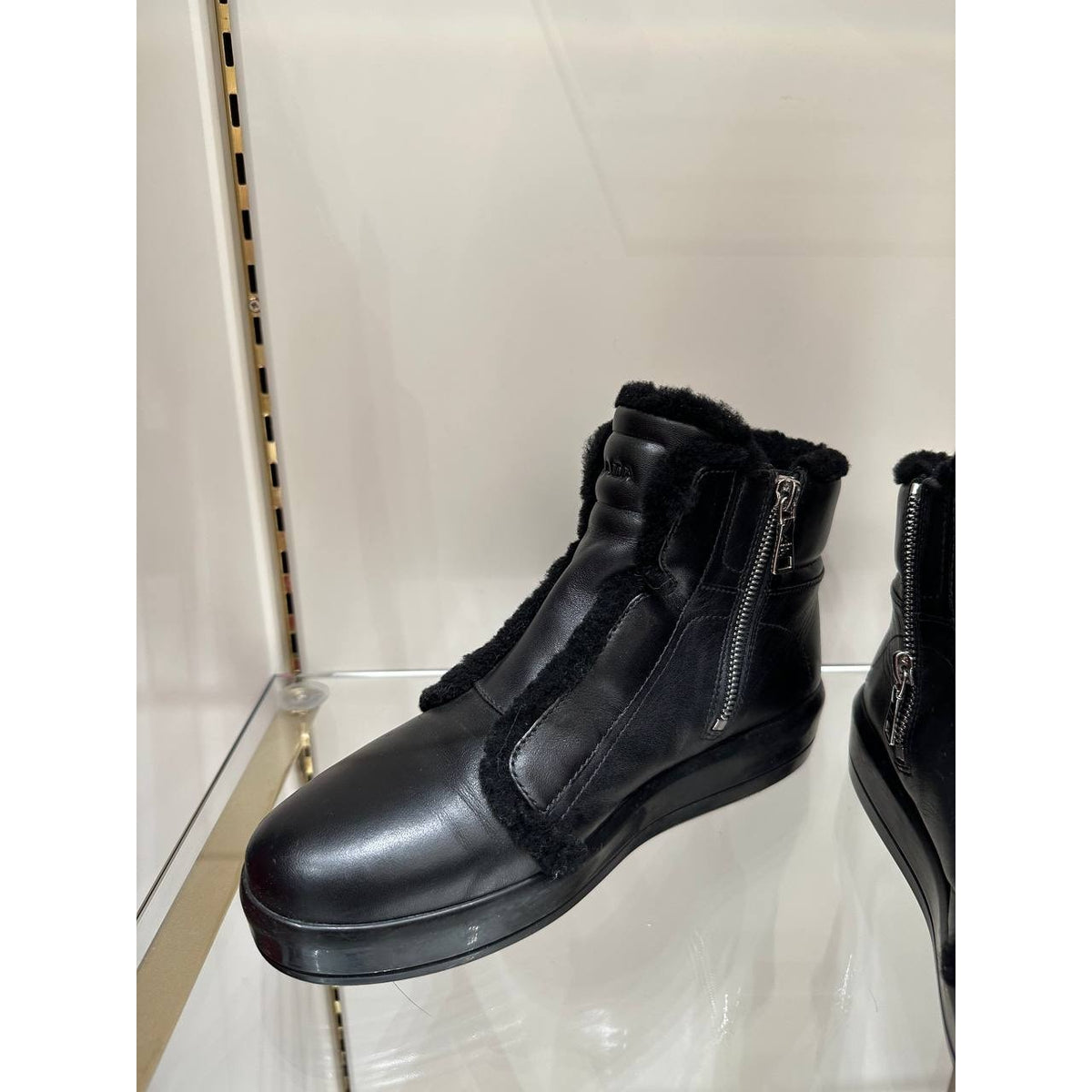 Prada Black Leather Shearling Lined Ankle Boots EU 38 Pre-owned