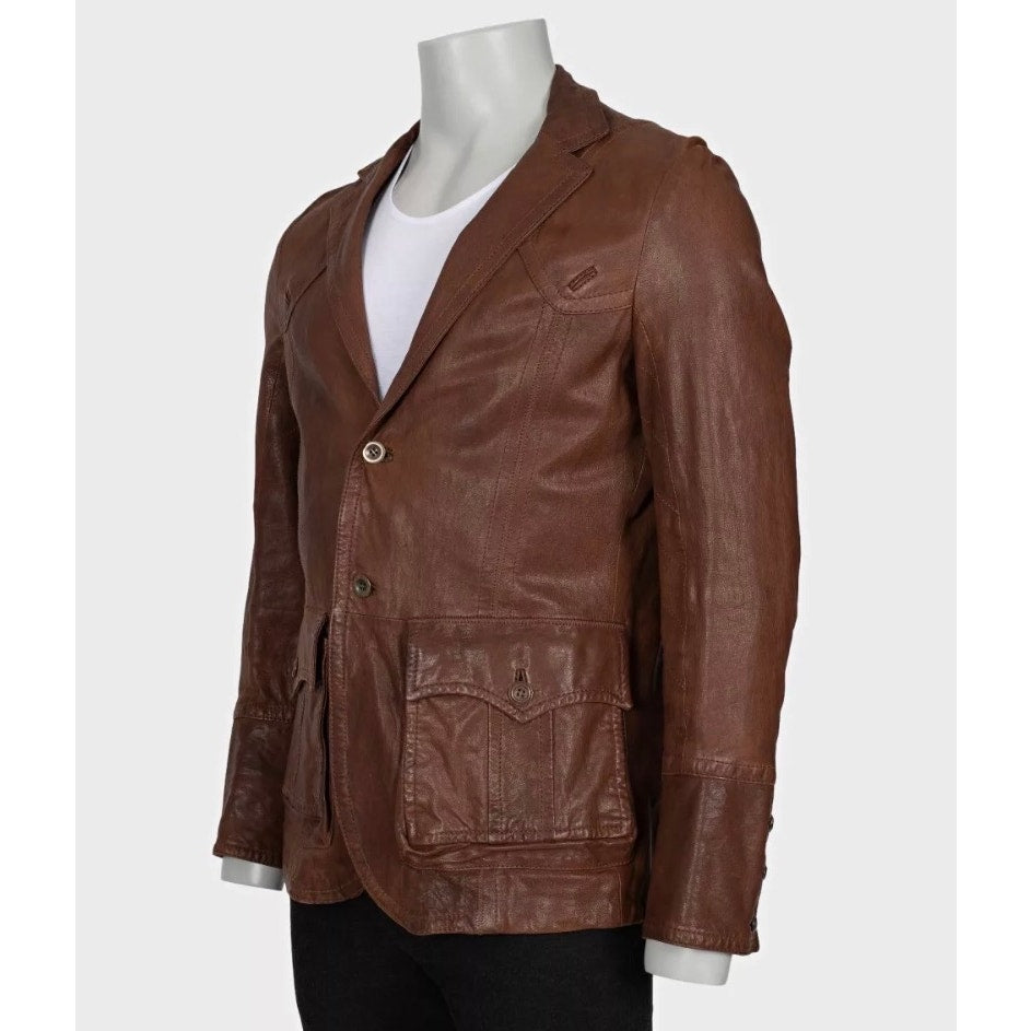 Just Cavalli Men's Brown Leather Button-Down Jacket XL Pre-owned