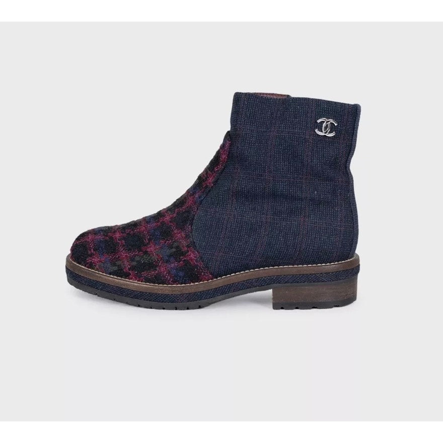 Chanel Blue Textile Logo Zip Ankle Boots Size 38.5 pre-owned