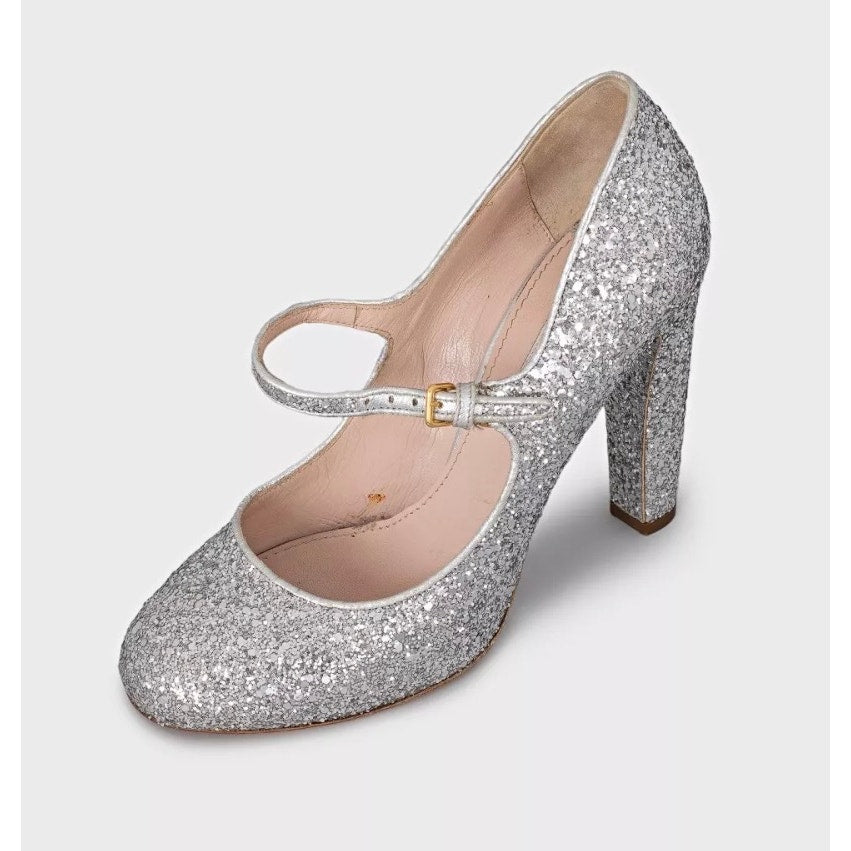 Miu Miu Silver Glitter Block Heel Shoes - Size 39 Pre-owned