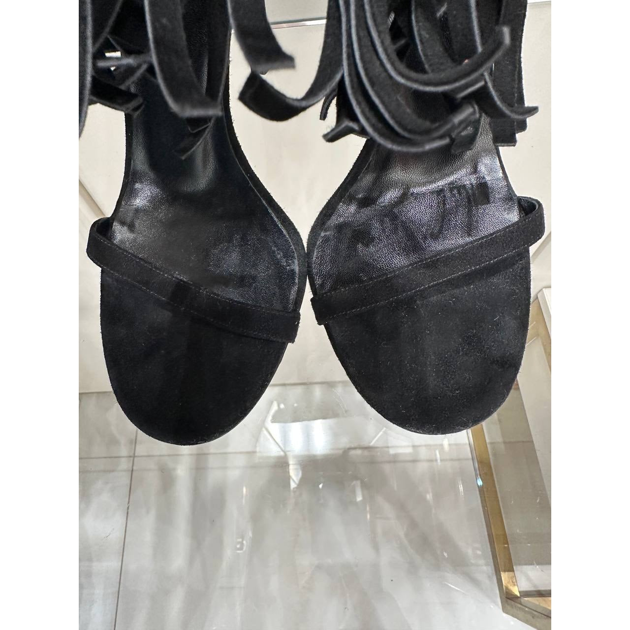 Gucci Becky Black Suede Fringe High-Heel Sandals Sz.38 Pre-owned