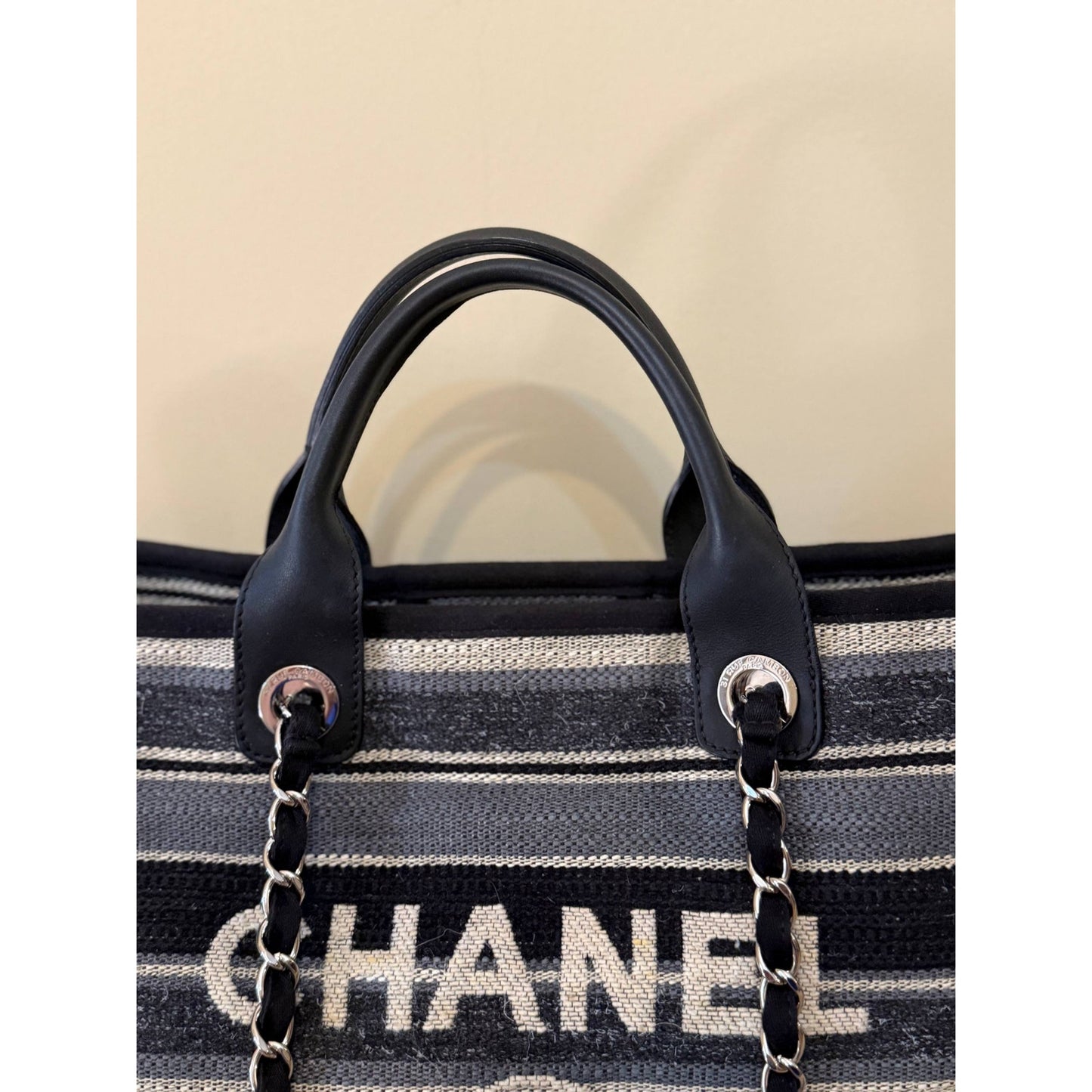 Chanel Deauville Striped Cloth Large Tote Bag Pre-owned