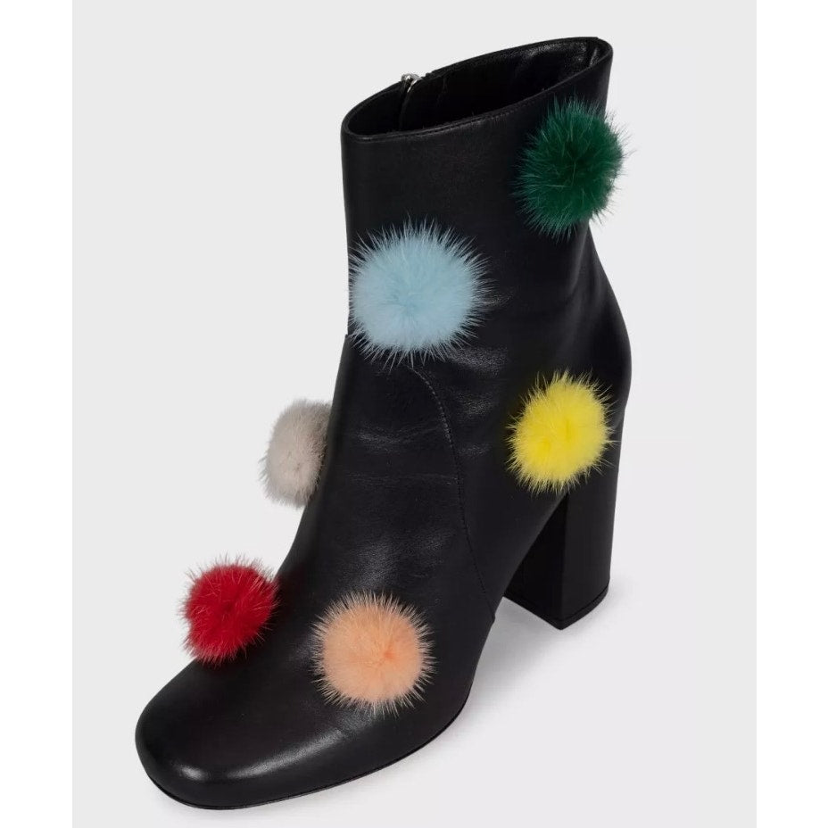NWB Fendi Black Leather Ankle Boots Fur Pompom EU 39.5 Pre-owned