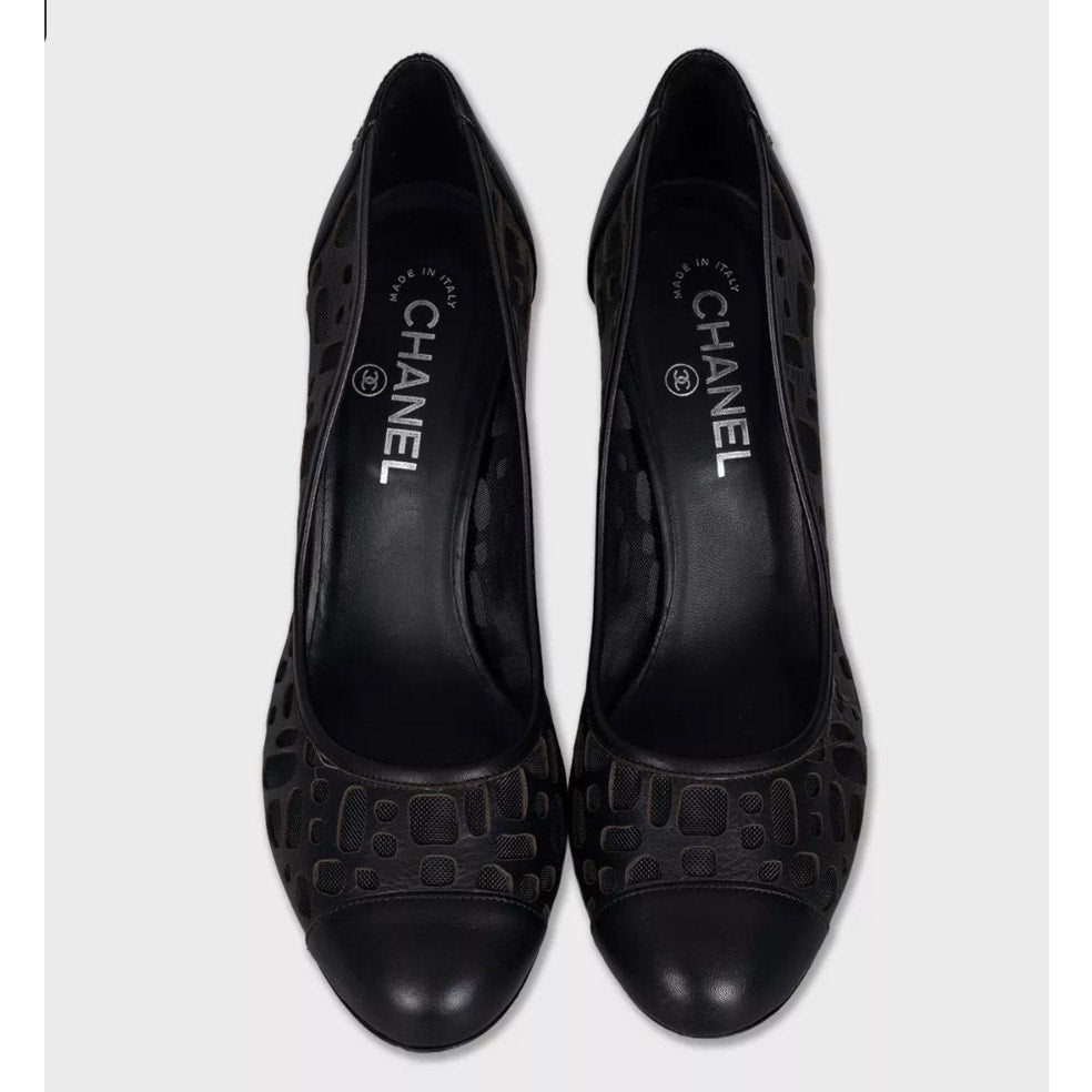 Chanel Black Leather Perforated Mesh Block Heel Pumps Sz.39.5 Pre-owned