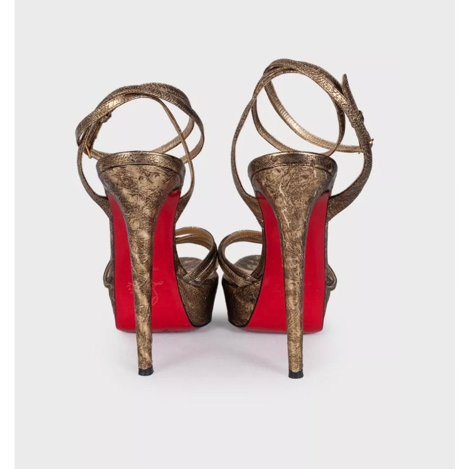 Christian Louboutin Gold Leather Platform High Heel Sandals Sz.38 pre-owned
