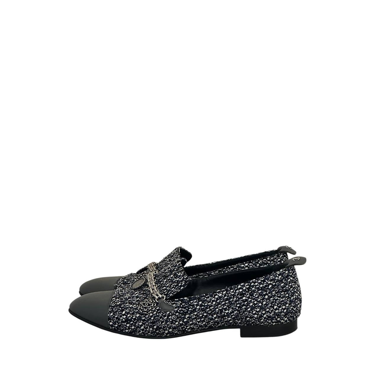 Chanel Tweed Chain Cap-Toe Loafers Sz 37.5 Pre-owned