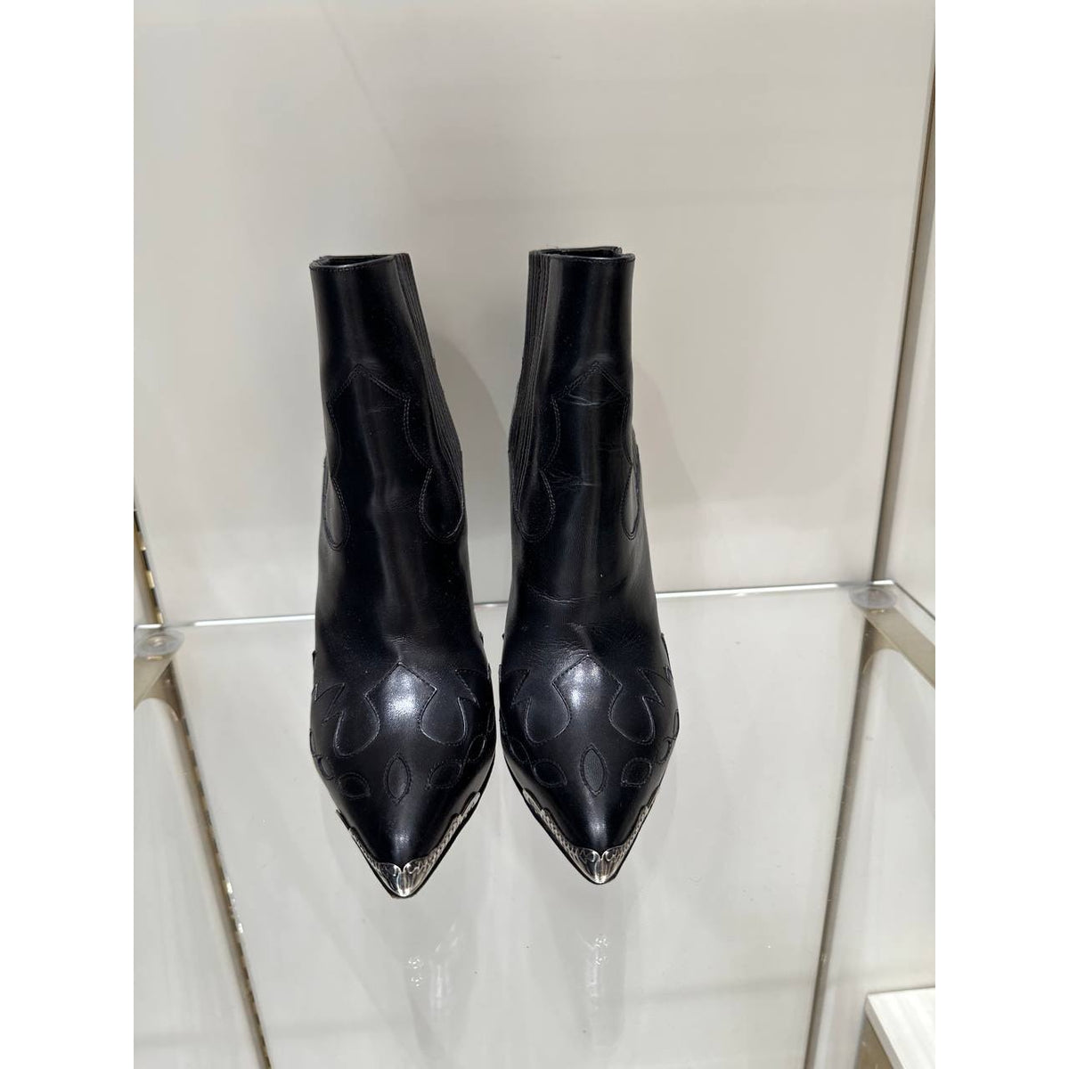 Saint Laurent Black Leather Peep-Toe Western Ankle Boots Sz.37 Pre-owned