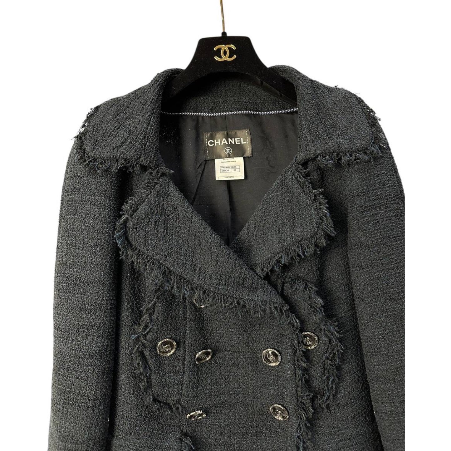 Chanel Paris Seul CC Buttons Timeless Black Tweed Jacket, Size 38 pre-owned