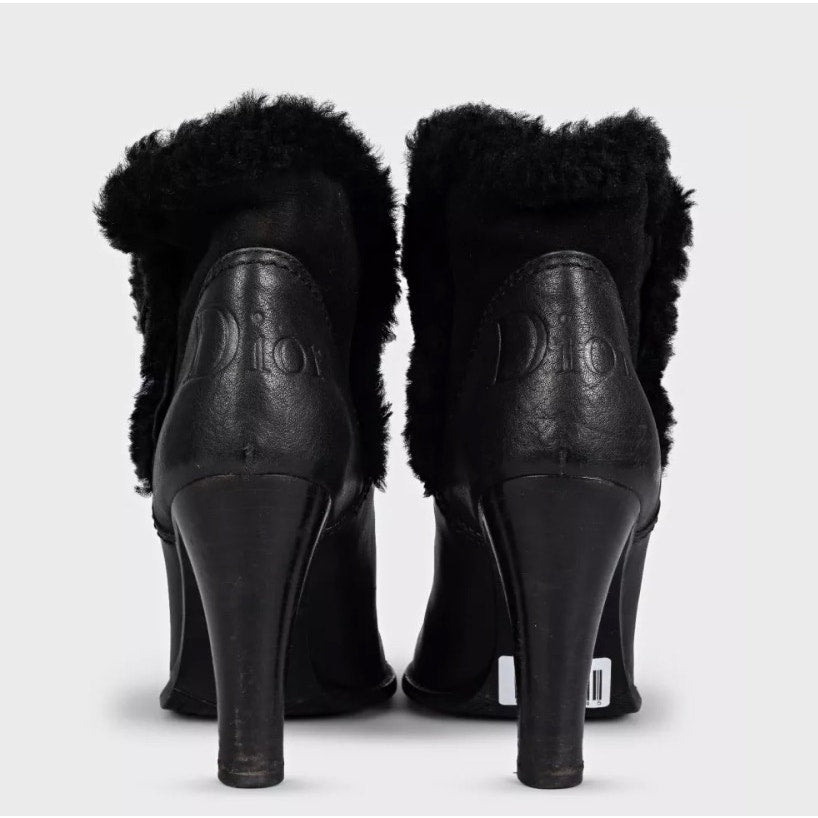 Christian Dior Black Leather Fur Trim Heel Ankle Boots 38.5 Pre-owned