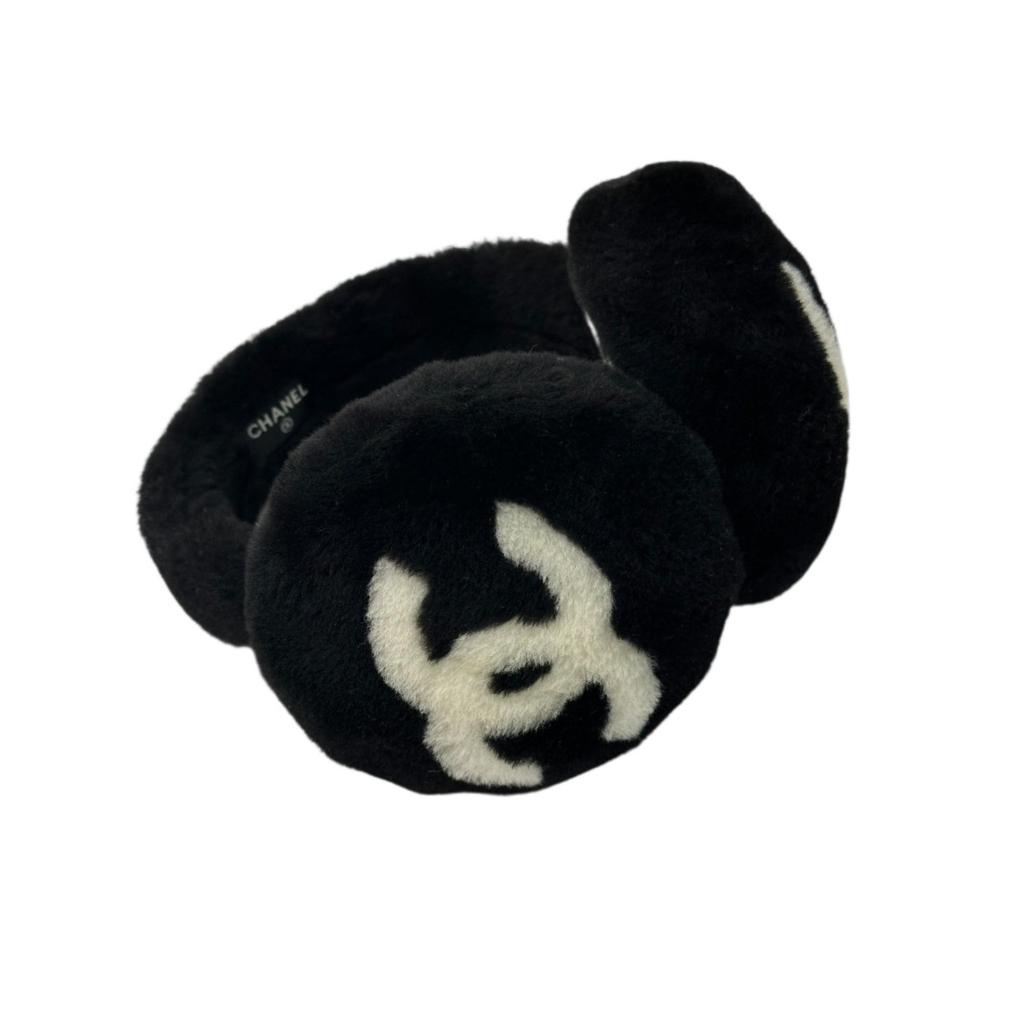 Chanel 2025 CC Shearling Black & White Earmuffs Pre-owned