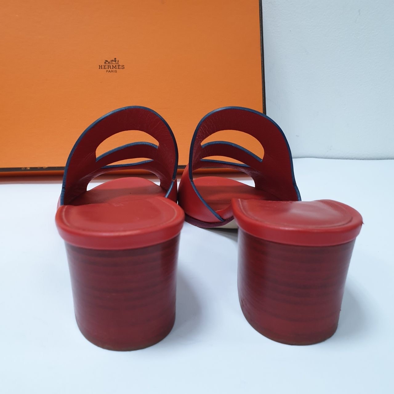 Hermes Red Leather Mona Block Heel Slide Sandals Sz.38 pre-owned