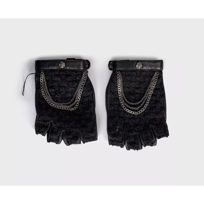 Chanel Black Leather Chain Detail Fingerless Gloves Mittens Sz.7.5 Pre-owned