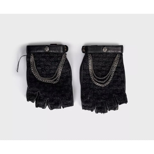 Chanel Black Leather Chain Detail Fingerless Gloves Mittens Sz.7.5 Pre-owned