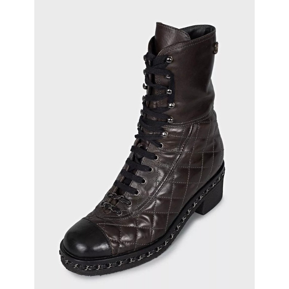 Chanel Brown Quilted Leather Lace-Up Boots - Size 8/38 Pre-owned